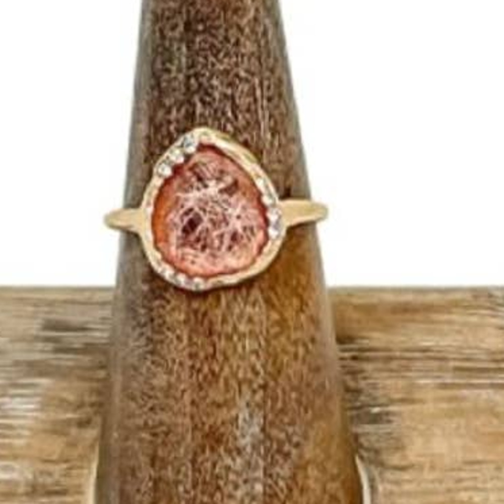 Pink Pear Shaped Resin with Crystal Accents Gold Ring - Picture 2 of 4